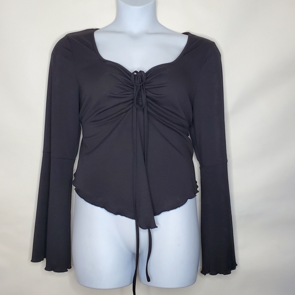 Black Flare Sleeve Babydoll Top Size 2XL Ruched Neckline Whimsigoth Pullover - Picture 1 of 13